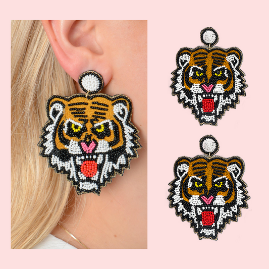 Roaring Tiger Embroidered Seed Beaded Earrings