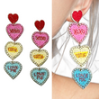Beaded Rhinestone Valentine Candy Heart Message Earrings