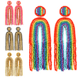 Long Rainbow Seed Beaded Tassel Statement Earrings