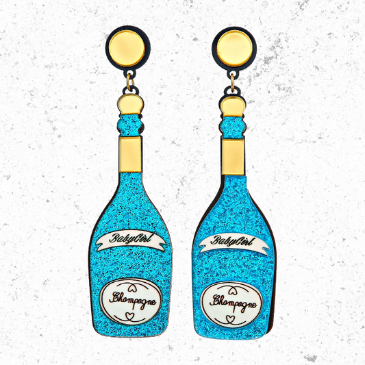 Baby Girl Champagne Bottle Leather Glitter Earrings
