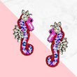 Seed Beaded Crystal Bling Pink Seahorse Earrings