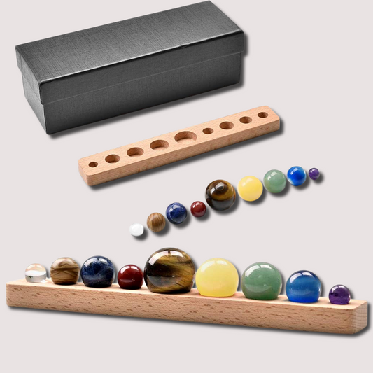 Solar System 9 Planets Natural Gemstones in Wooden Stand