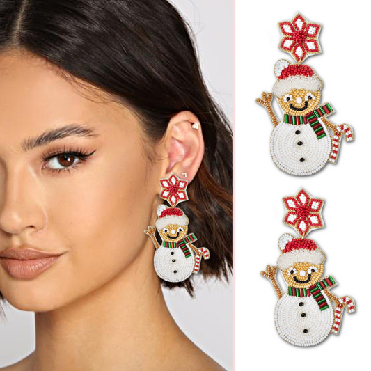 Snowman Festive Christmas Seed Bead Long Statement Earrings