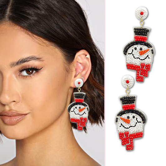 Sitting Snowman Festive Christmas Seed Beaded Earrings