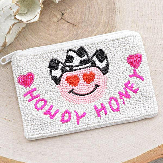 Cowgirl Smiley Face HOWDY HONEY Beaded Coin Pouch