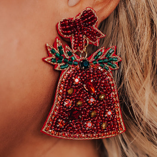 Jingle Bells Crystal Christmas Seed Beaded Holiday Earrings