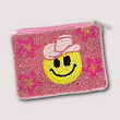 Pink Cowgirl Smiley Face Emoji Beaded Storage Coin Pouch
