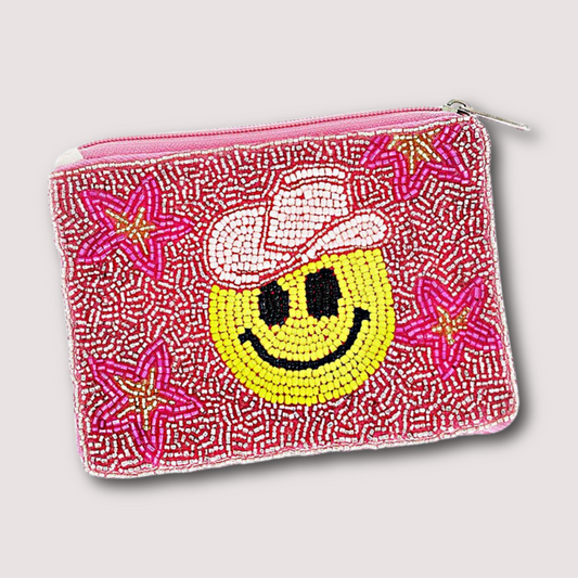 Pink Cowgirl Smiley Face Emoji Beaded Storage Coin Pouch