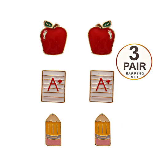 Teacher School Theme 3 PC Set of Stud Earrings