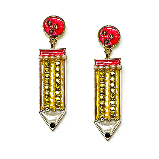 Rhinestone Pencil Teacher School Earrings