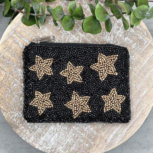 Gold Sparkle Stars Beaded Storage Pouch