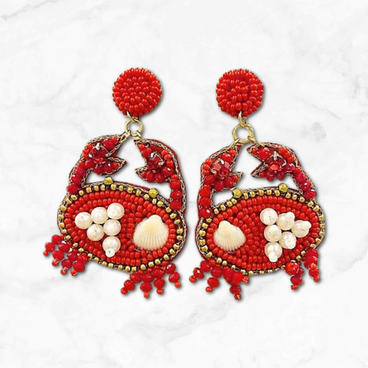 Beaded Maryland Red Crab Beach Theme Earrings