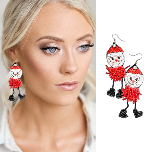 Dangle Legs Santa Beaded Christmas Holiday Earrings