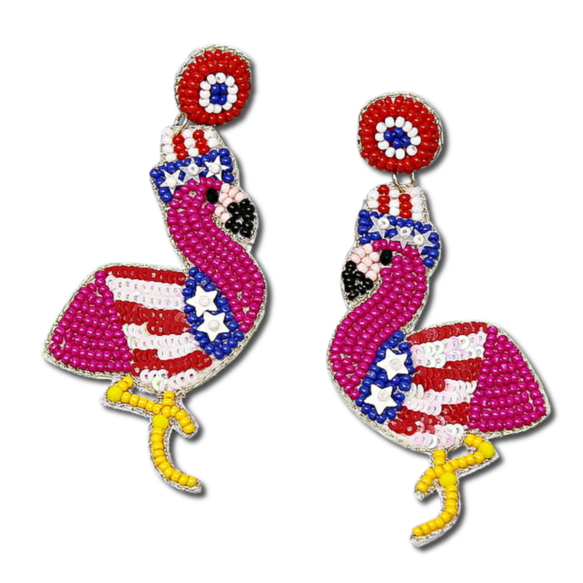 Flamingo American Flag Patriotic Beaded Earrings