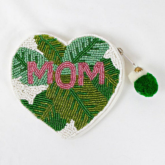 Mom Heart Shaped Leaf Theme Beaded Pouch