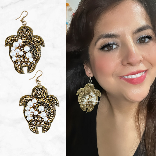 Beaded Pearl Accent Gold Sea Turtle Earrings