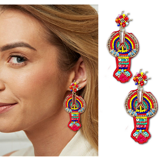 Colorful Lobster Seed Beaded Rhinestone Earrings
