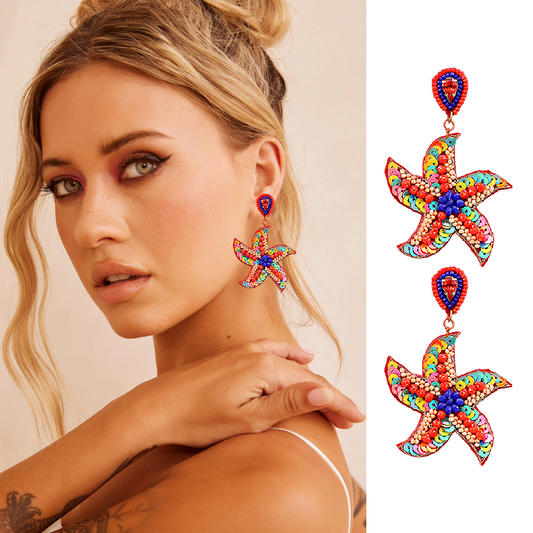 Seed Beaded Colorful Starfish Statement Earrings