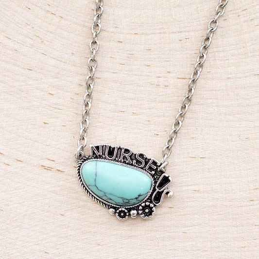 NURSE Silver Dipped Turquoise Stone Pendant Necklace