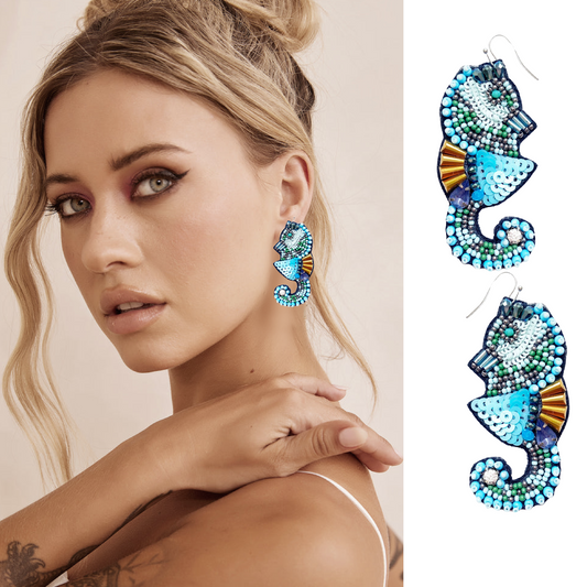 Seed Beaded Sequin Seahorse Earrings