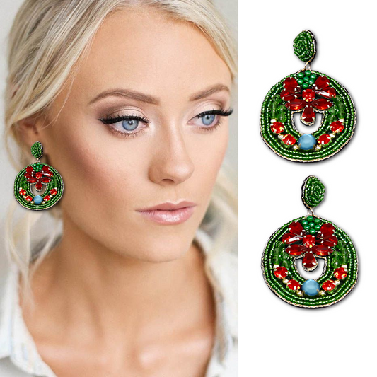 Gem Embellished Beaded Christmas Holiday Wreath Earrings