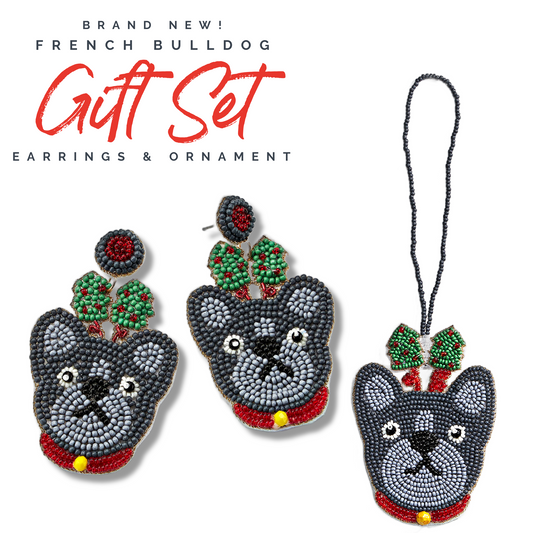 FRENCH BULLDOG Dog Breed Beaded Earrings & Christmas Ornament SET