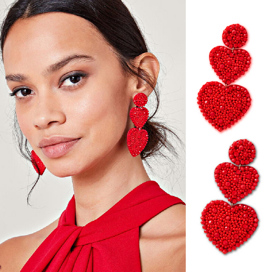Glass Sparkle Beaded Two Hearts Dangle Earrings