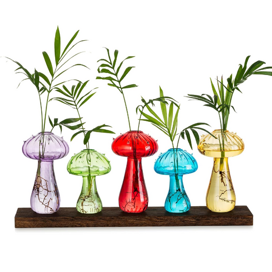5 PC Decor Set of Glass Mushroom Design Single Stem Vases
