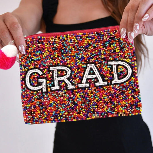 Graduation GRAD Rainbow Confetti Beaded Coin Purse Pouch