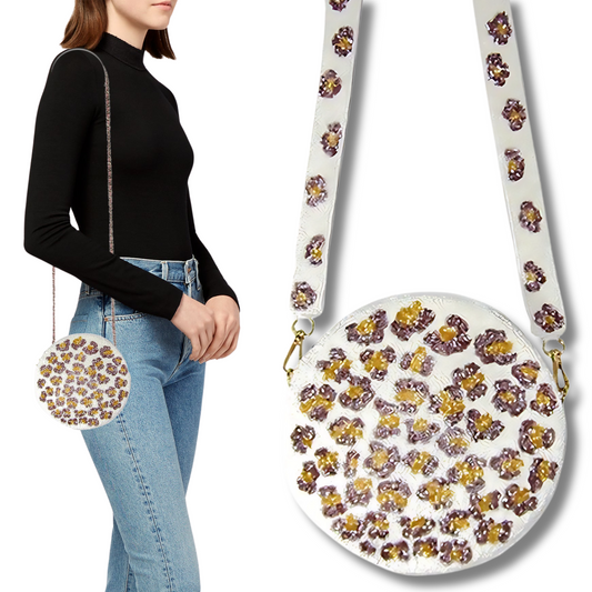 Round Leopard Glass Seed Beaded Handbag With Bead Strap