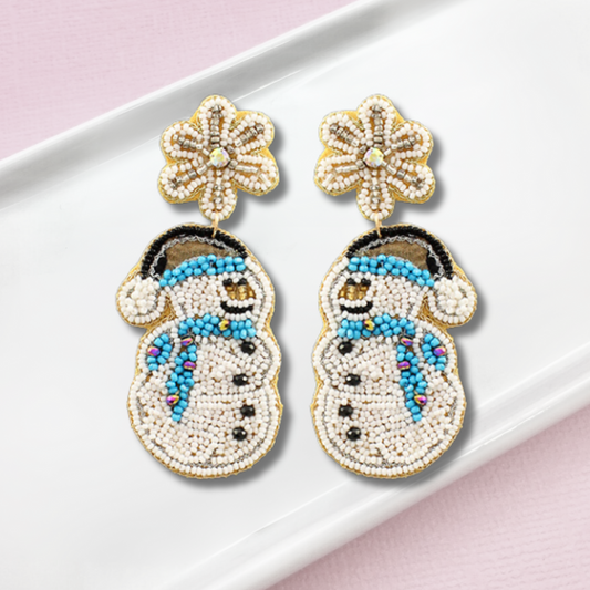 Snowman Snowflake Christmas Seed Bead Blue Statement Earrings