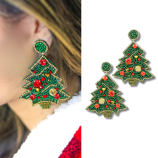 Crystal Gem Christmas Tree Seed Beaded Earrings