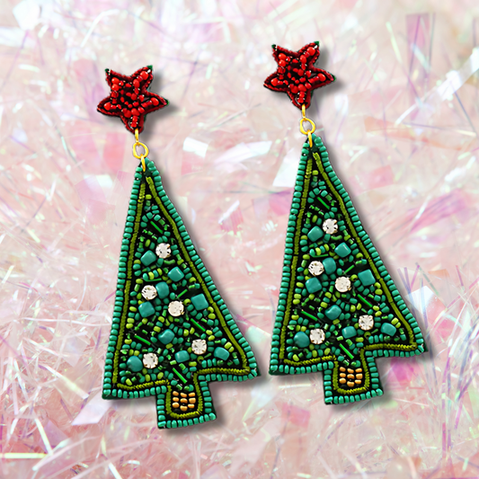 Tall Rhinestone Christmas Tree Seed Beaded Earrings