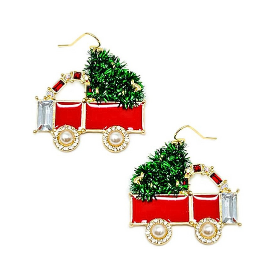 Christmas Tree Truck Haul Crystal Accent Holiday Earrings