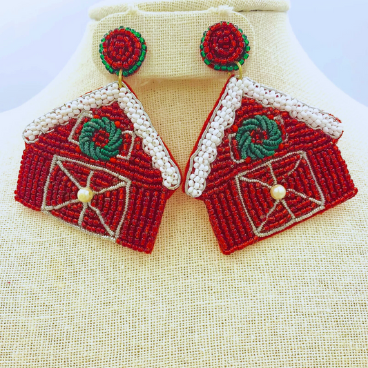 Country Christmas Beaded Western Red Barn Farm Earrings