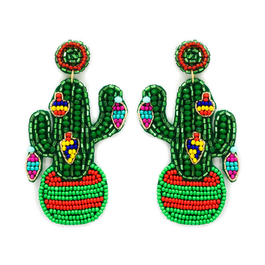 Christmas Cactus Western Holiday Beaded Earrings