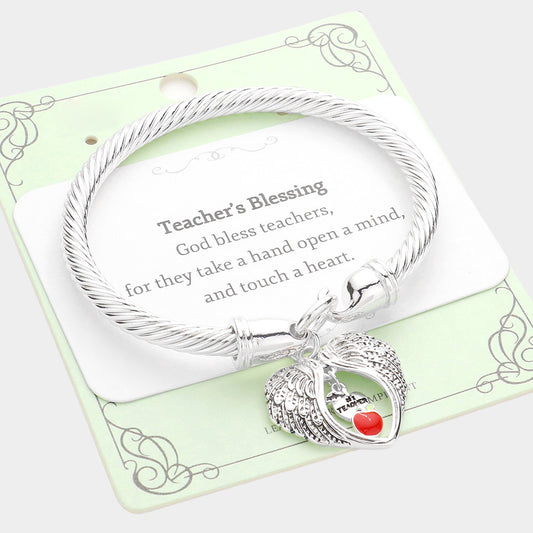 Teacher Angel Wings Apple Charm Stretch Bracelet