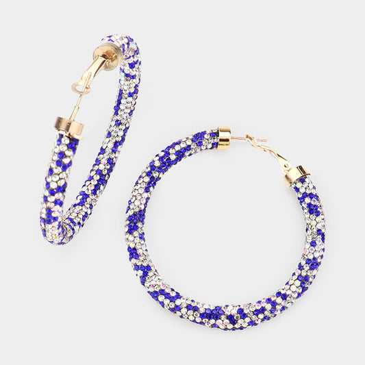 Blue Silver Rhinestone Hoops Earrings