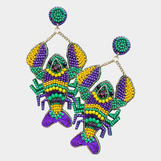 Mardi Gras Sequin Beaded Lobster Dangle Earrings