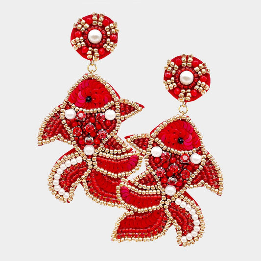Seed Beaded Pearl Sequin Red Fish Earrings