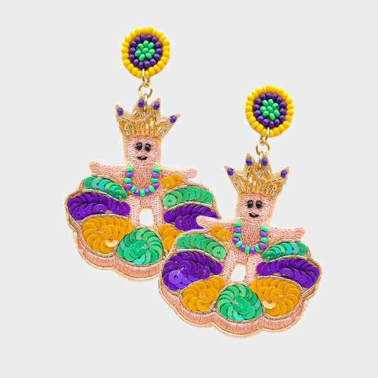 Mardi Gras Beaded Queen's Cake Earrings