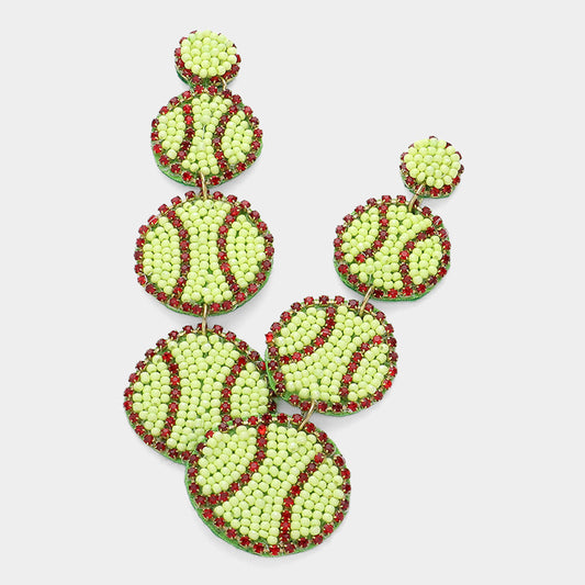 Softball Seed Beaded Rhinestone 3-Tier Dangle Earrings
