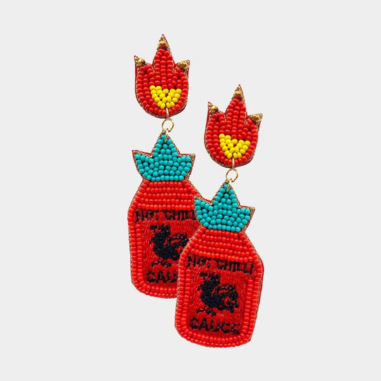Hot Chili Sriracha Sauce Flaming Bottle Beaded Earrings