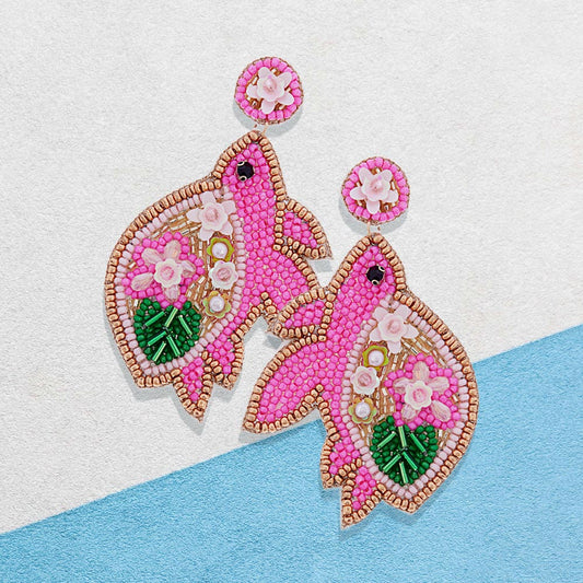 Seed Beaded Pink Floral Sea Turtle Earrings