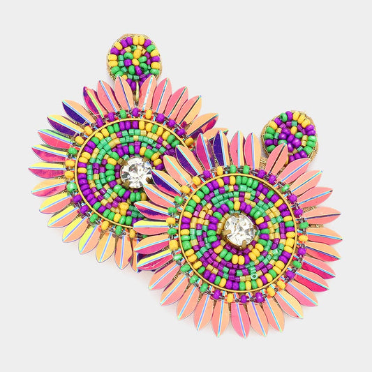 Mardi Gras Beaded Round Rhinestone Earrings