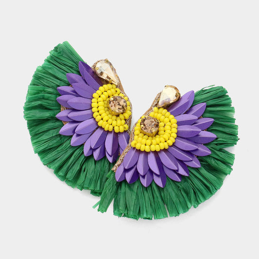 Mardi Gras Rhinestone Raffia Angel Wing Earrings