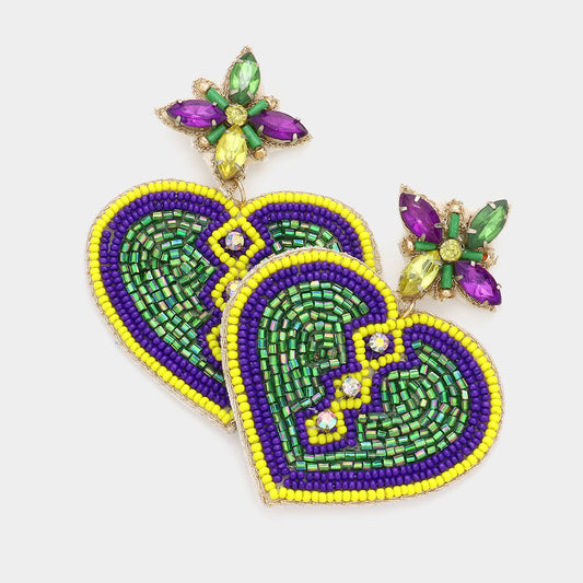 Mardi Gras Beaded Heart Dangle Earrings