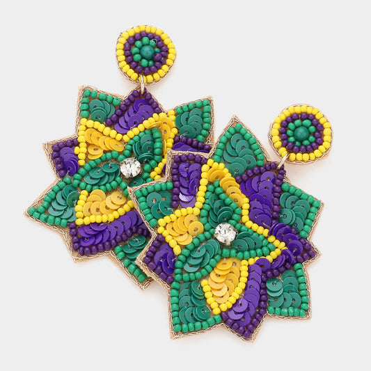 Beaded Mardi Gras Flower Dangle Earrings
