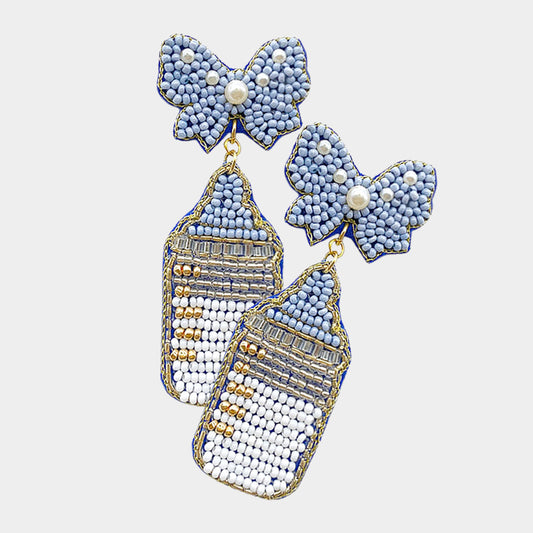 Beaded Blue Pink New Baby Bottle Earrings
