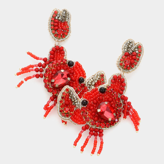 Beaded Crystal Red Crab Beach Theme Earrings